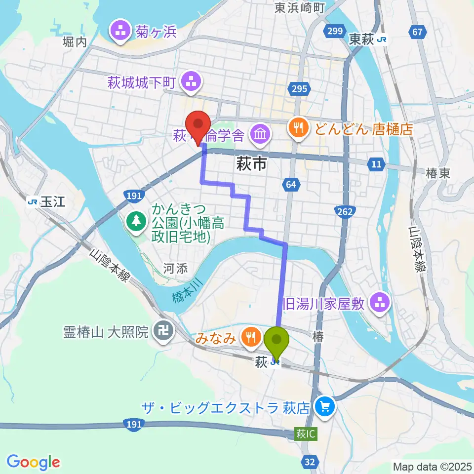 萩駅から山口県立萩美術館・浦上記念館へのルートマップ地図