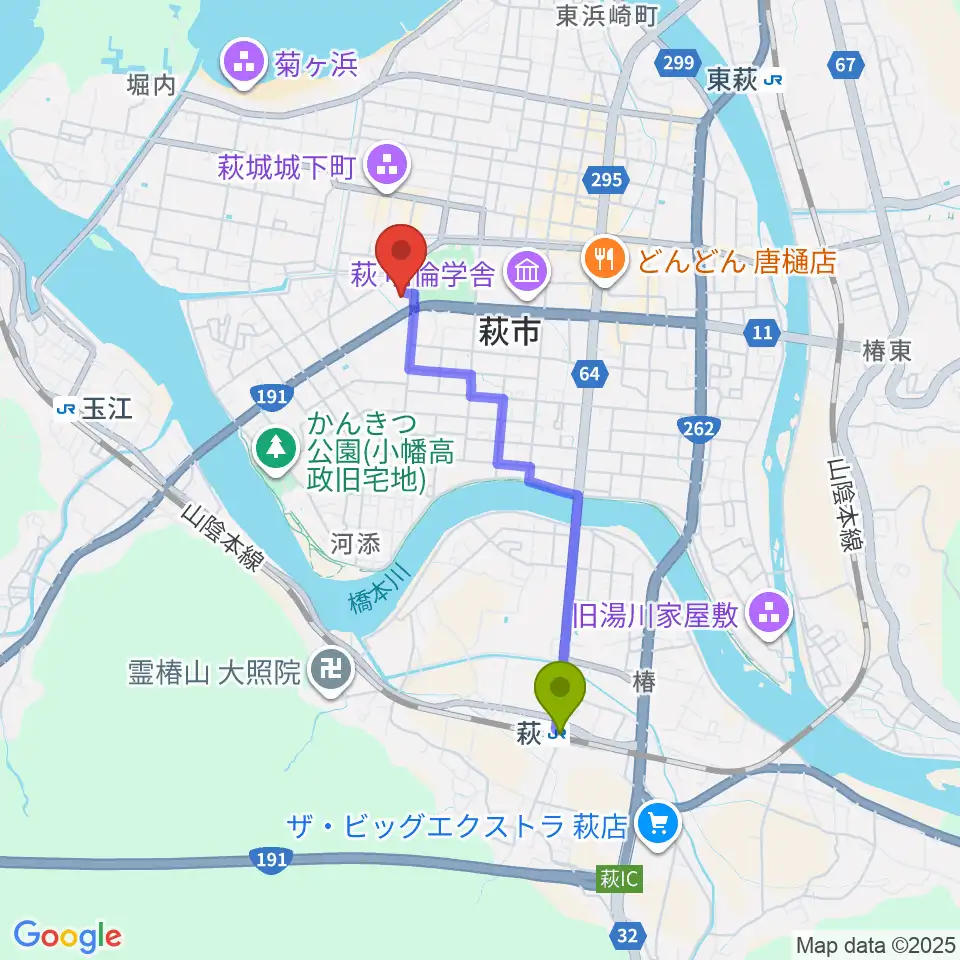 萩駅から山口県立萩美術館・浦上記念館へのルートマップ地図