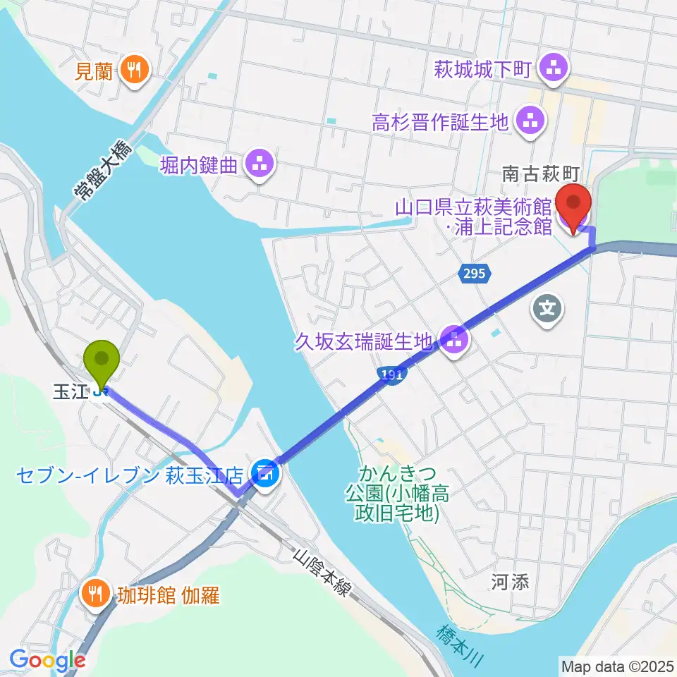 山口県立萩美術館・浦上記念館の最寄駅玉江駅からの徒歩ルート（約23分）地図