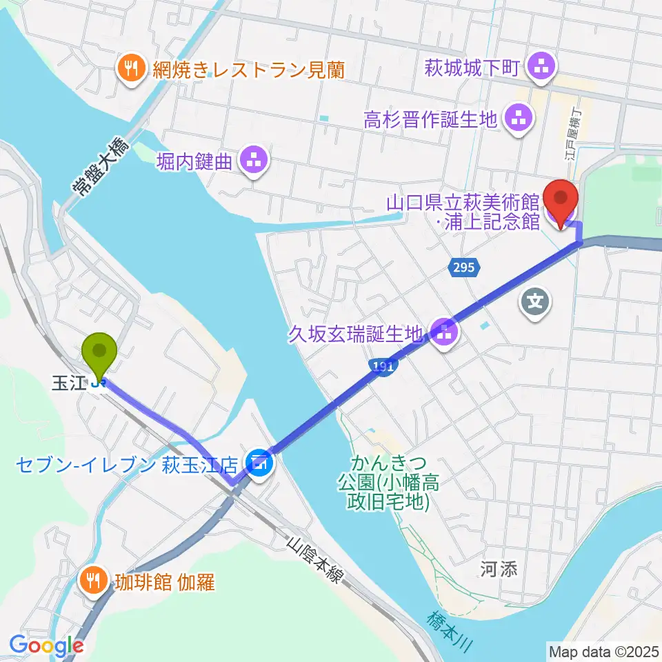 山口県立萩美術館・浦上記念館の最寄駅玉江駅からの徒歩ルート（約23分）地図