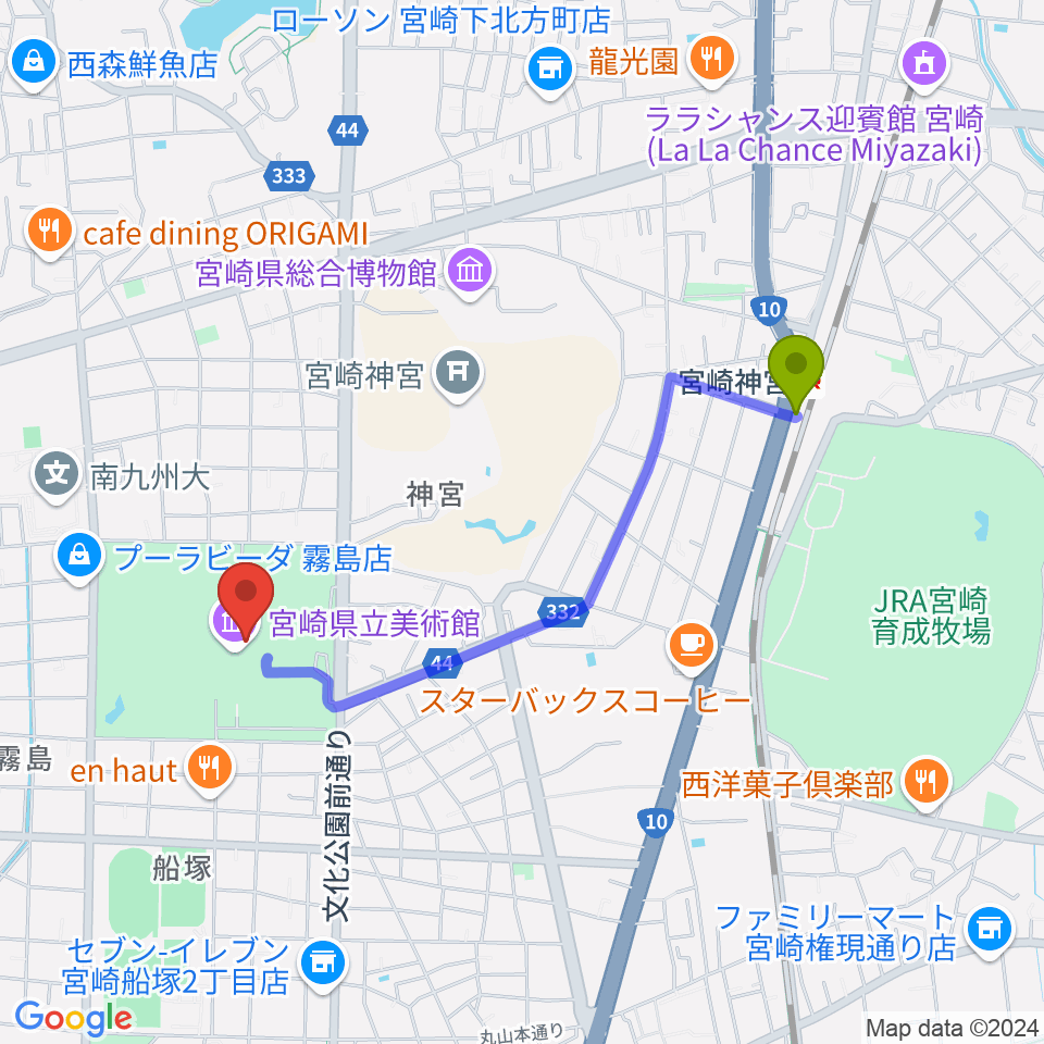 宮崎県立美術館の最寄駅宮崎神宮駅からの徒歩ルート（約18分）地図