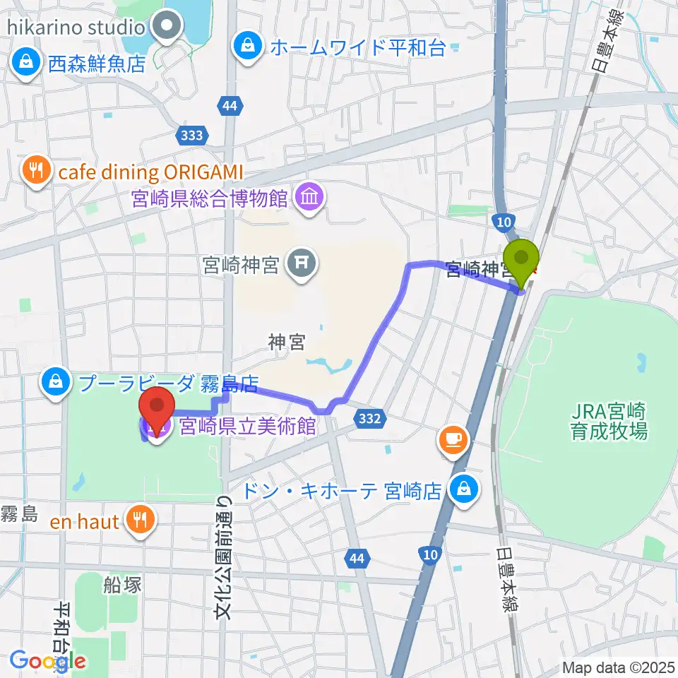 宮崎県立美術館の最寄駅宮崎神宮駅からの徒歩ルート（約19分）地図