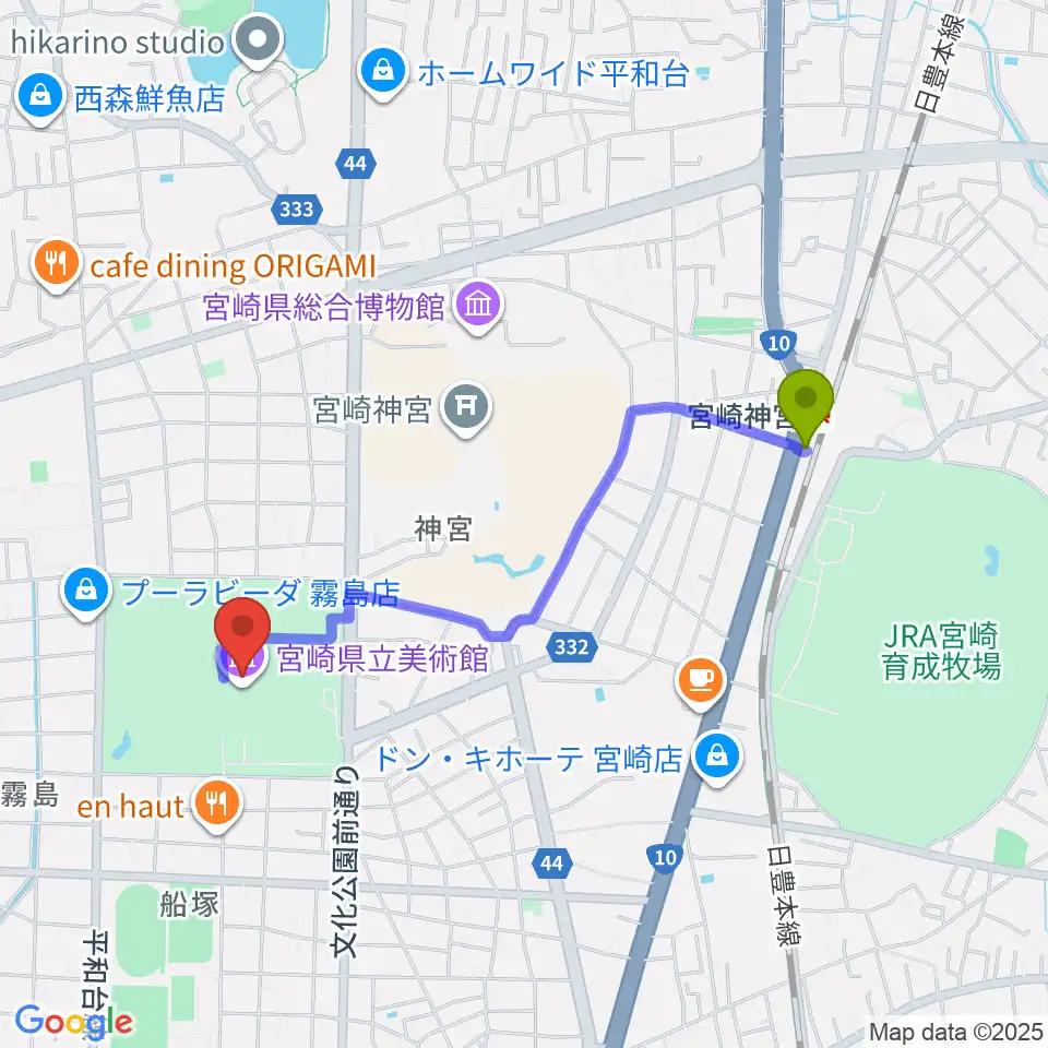 宮崎県立美術館の最寄駅宮崎神宮駅からの徒歩ルート（約19分）地図
