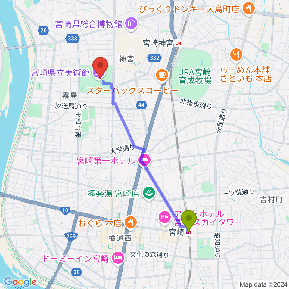 宮崎駅から宮崎県立美術館へのルートマップ地図