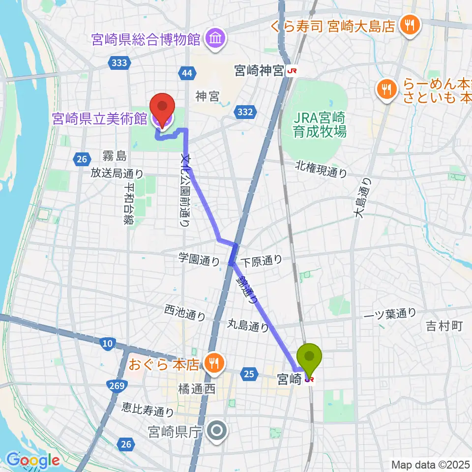 宮崎駅から宮崎県立美術館へのルートマップ地図