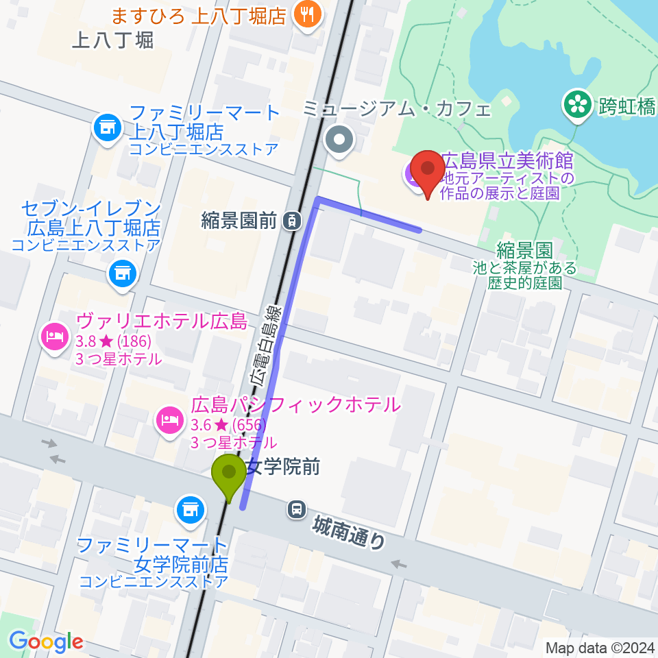 女学院前駅から広島県立美術館へのルートマップ地図