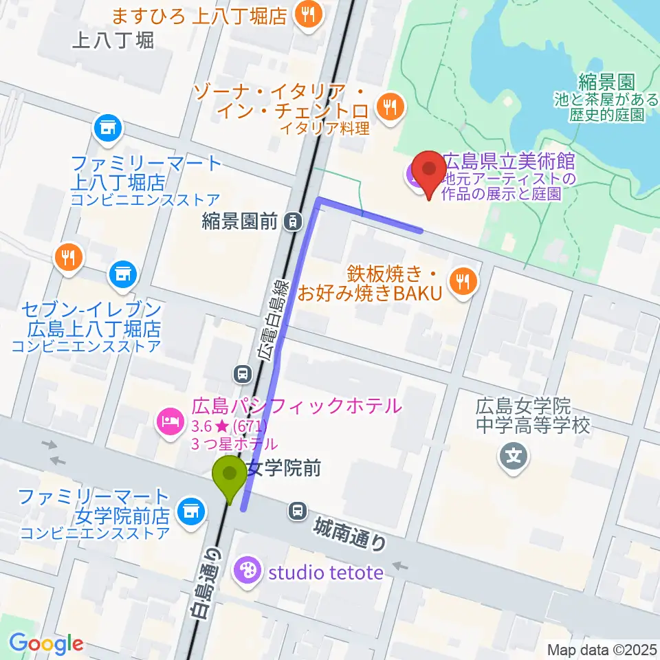 女学院前駅から広島県立美術館へのルートマップ地図