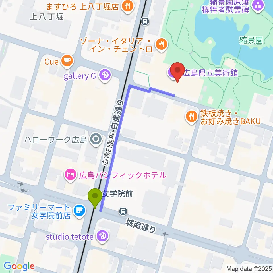 女学院前駅から広島県立美術館へのルートマップ地図