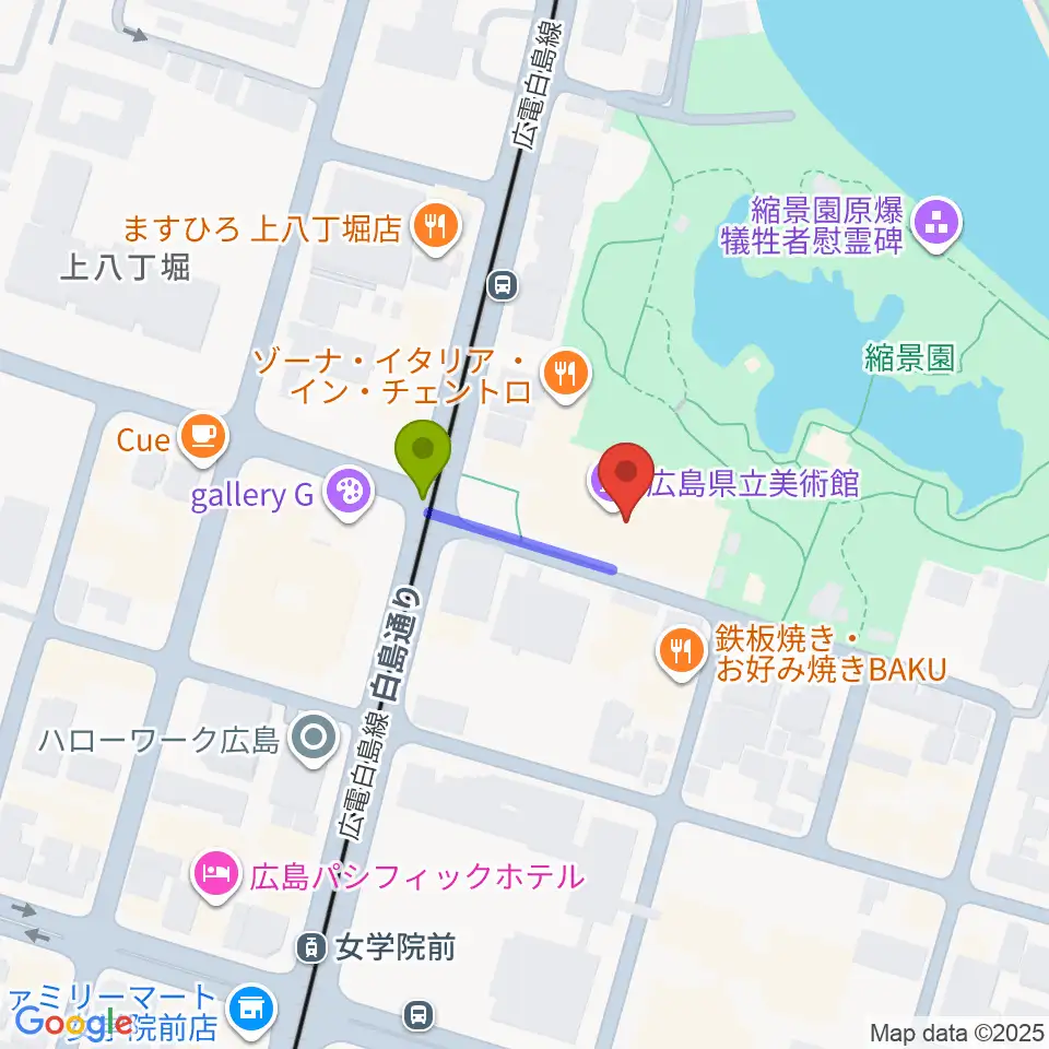 広島県立美術館の最寄駅縮景園前駅からの徒歩ルート（約2分）地図