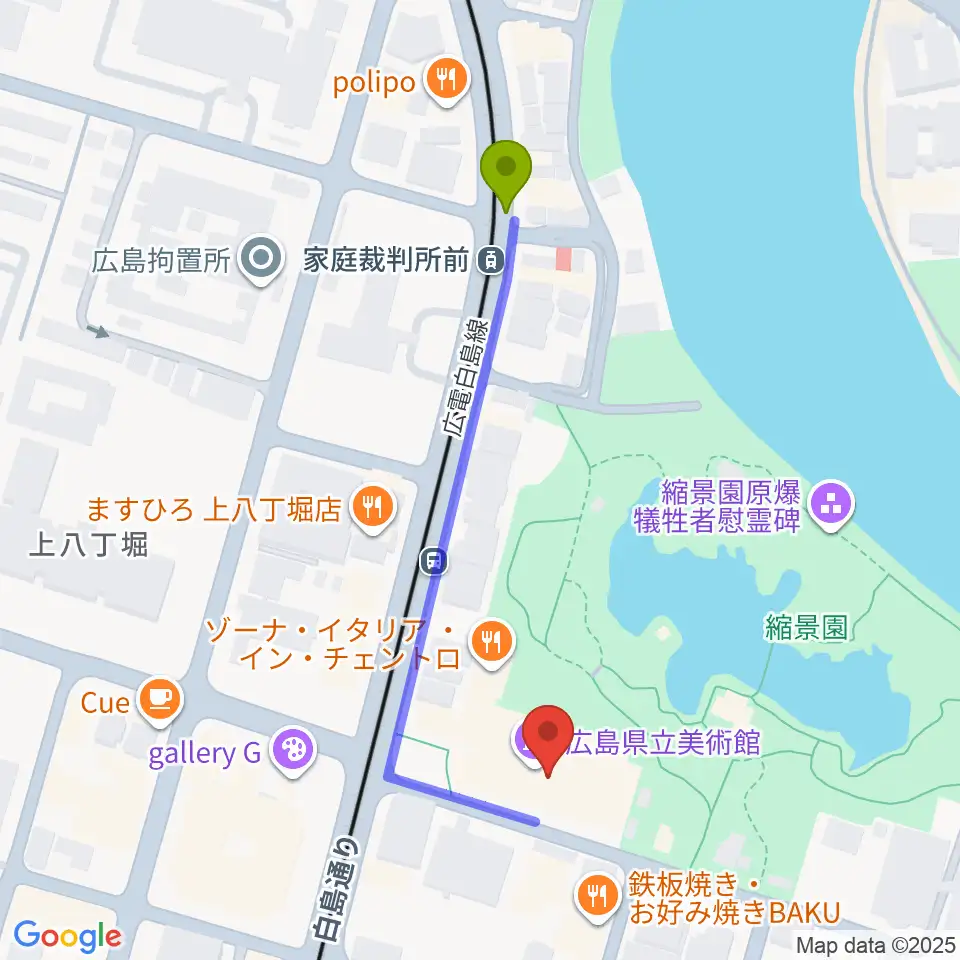 家庭裁判所前駅から広島県立美術館へのルートマップ地図