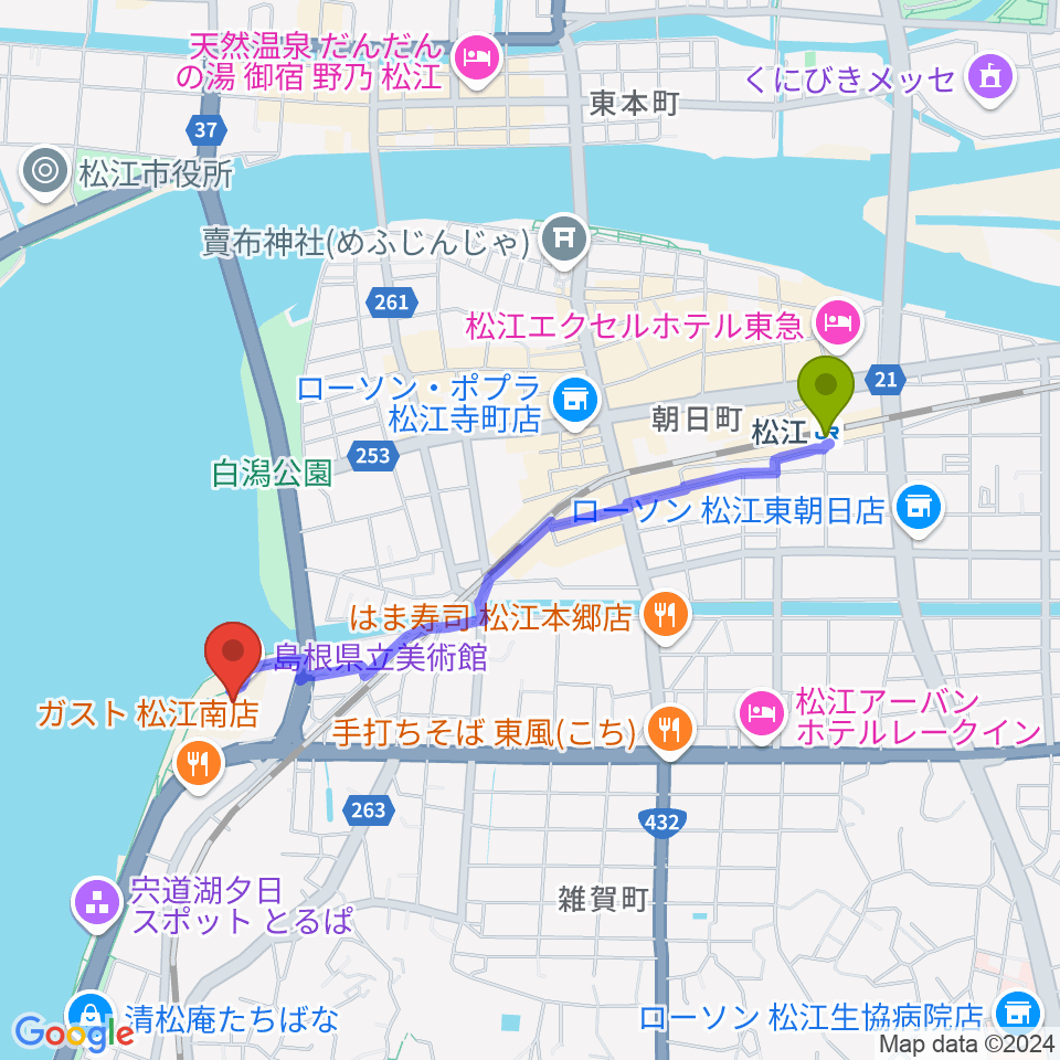 松江駅から島根県立美術館へのルートマップ地図