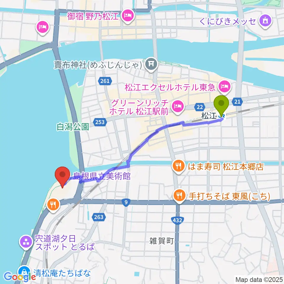 松江駅から島根県立美術館へのルートマップ地図