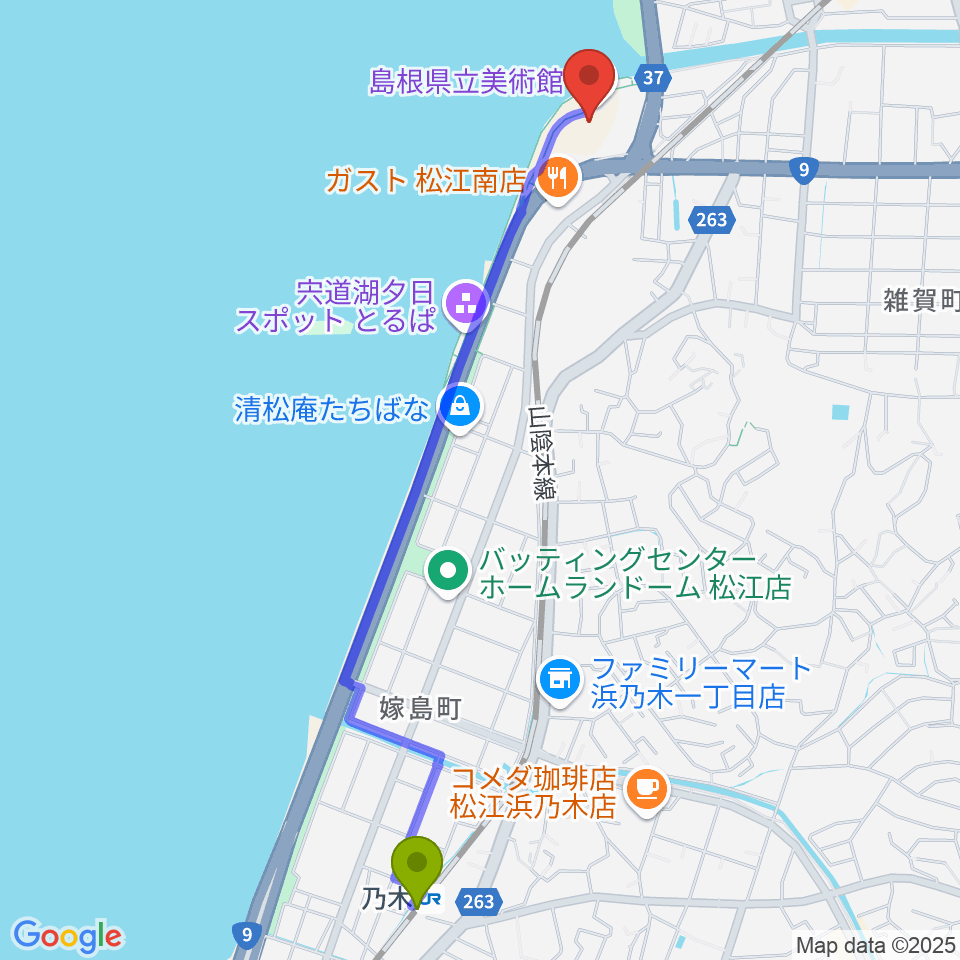 乃木駅から島根県立美術館へのルートマップ地図