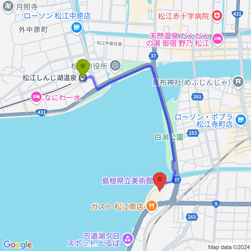 島根県立美術館の最寄駅松江しんじ湖温泉駅からの徒歩ルート（約17分）地図