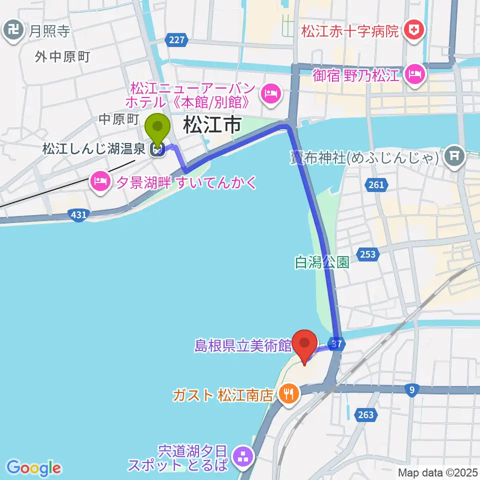 島根県立美術館の最寄駅松江しんじ湖温泉駅からの徒歩ルート（約17分）地図