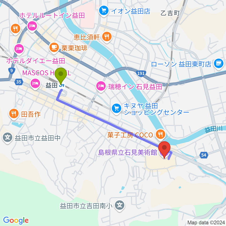 島根県立石見美術館の最寄駅益田駅からの徒歩ルート（約18分）地図