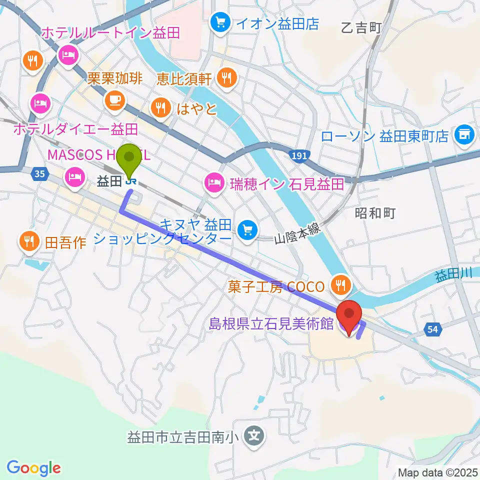 島根県立石見美術館の最寄駅益田駅からの徒歩ルート（約18分）地図