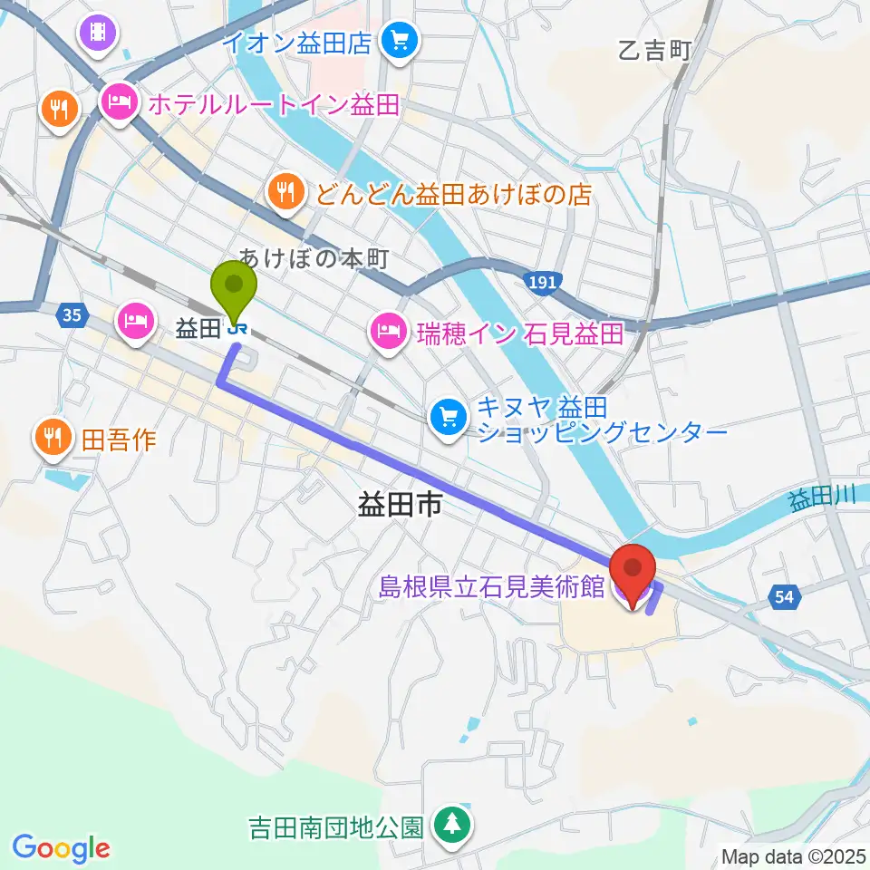 島根県立石見美術館の最寄駅益田駅からの徒歩ルート（約18分）地図
