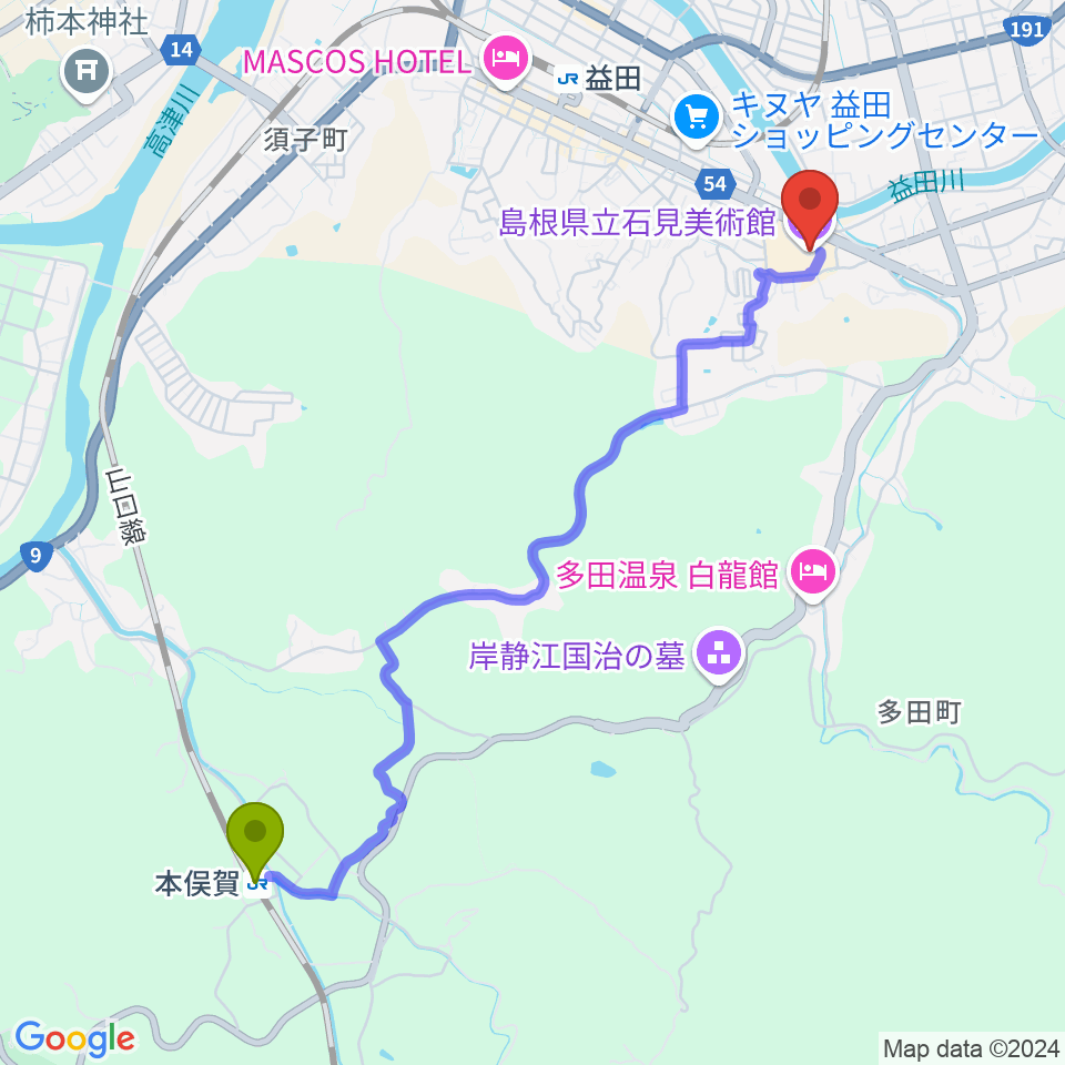 本俣賀駅から島根県立石見美術館へのルートマップ地図