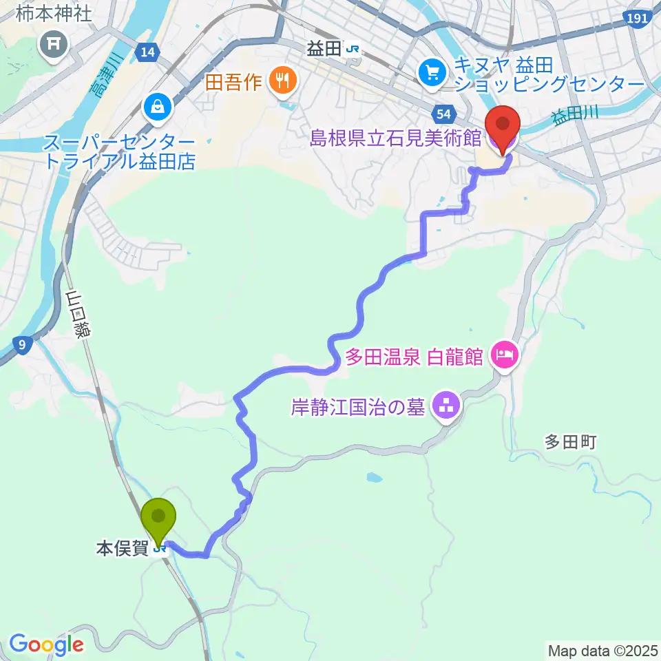 本俣賀駅から島根県立石見美術館へのルートマップ地図