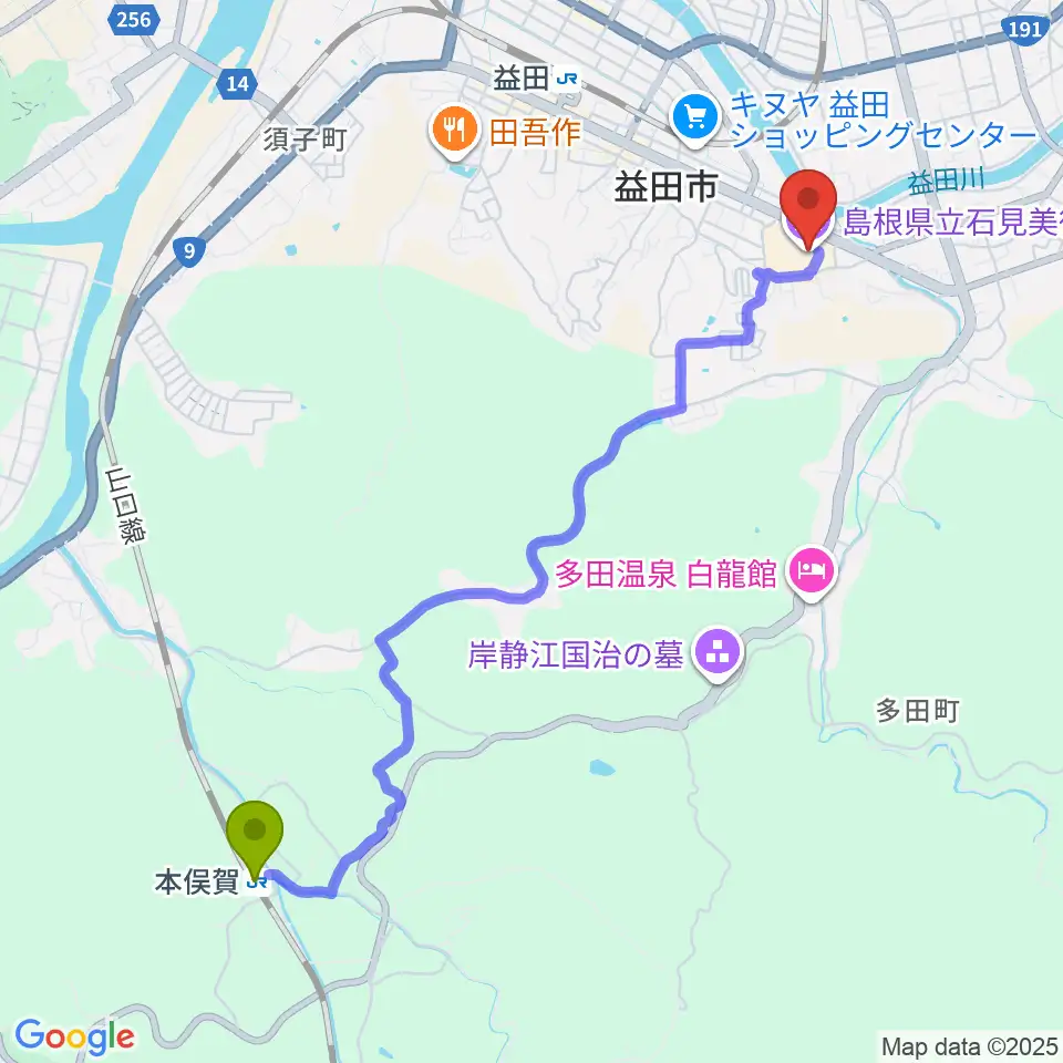 本俣賀駅から島根県立石見美術館へのルートマップ地図