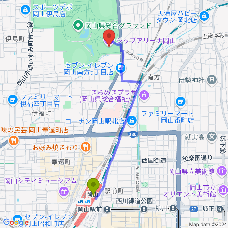 岡山駅からジップアリーナ岡山へのルートマップ - MDATA