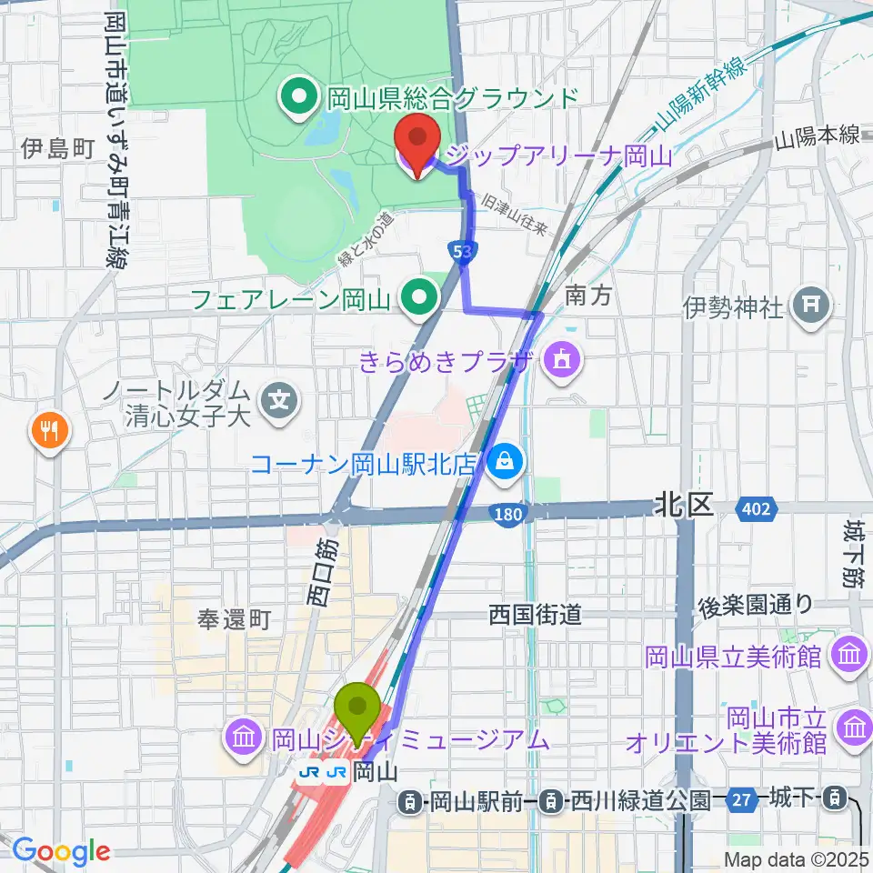 岡山駅からシゲトーアリーナ岡山へのルートマップ地図