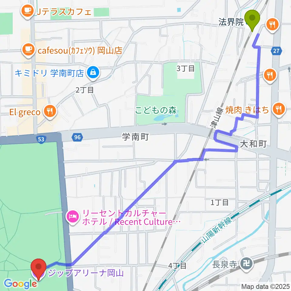 シゲトーアリーナ岡山の最寄駅法界院駅からの徒歩ルート（約18分）地図