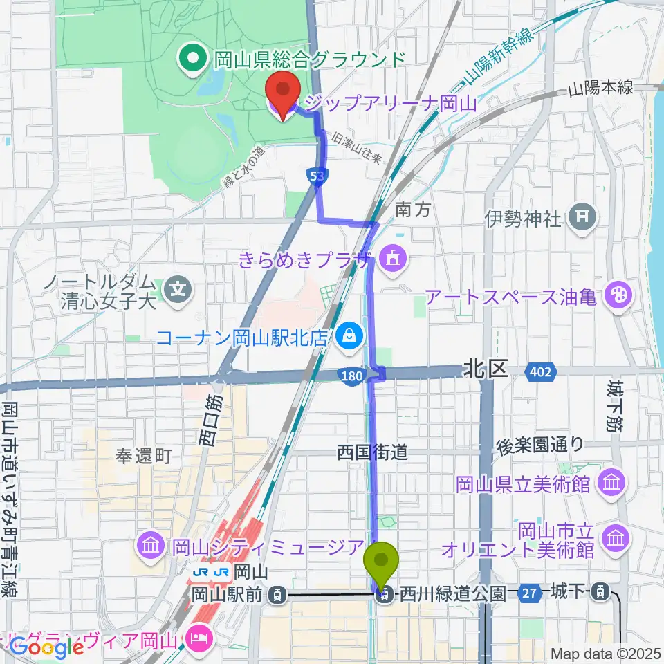 西川緑道公園駅からシゲトーアリーナ岡山へのルートマップ地図