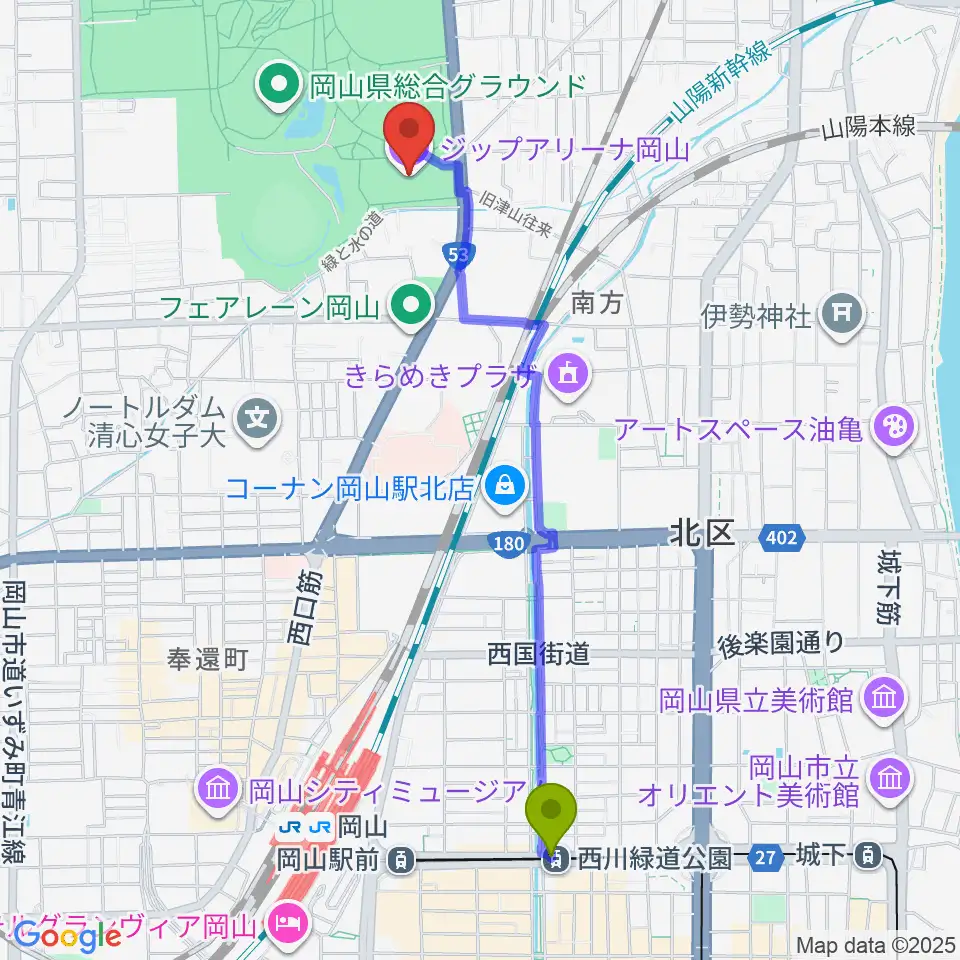 西川緑道公園駅からシゲトーアリーナ岡山へのルートマップ地図
