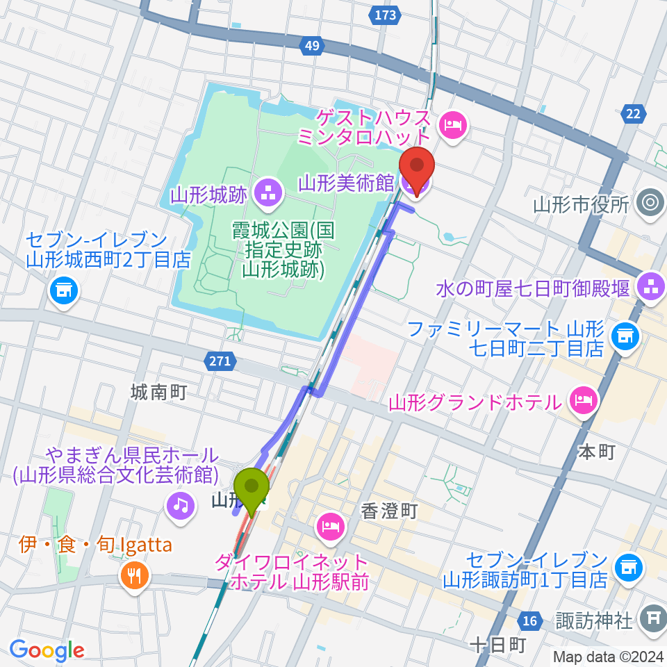 山形美術館の最寄駅山形駅からの徒歩ルート（約16分）地図