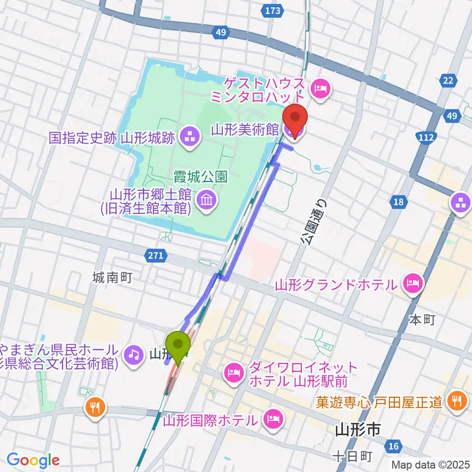 山形美術館の最寄駅山形駅からの徒歩ルート（約16分）地図