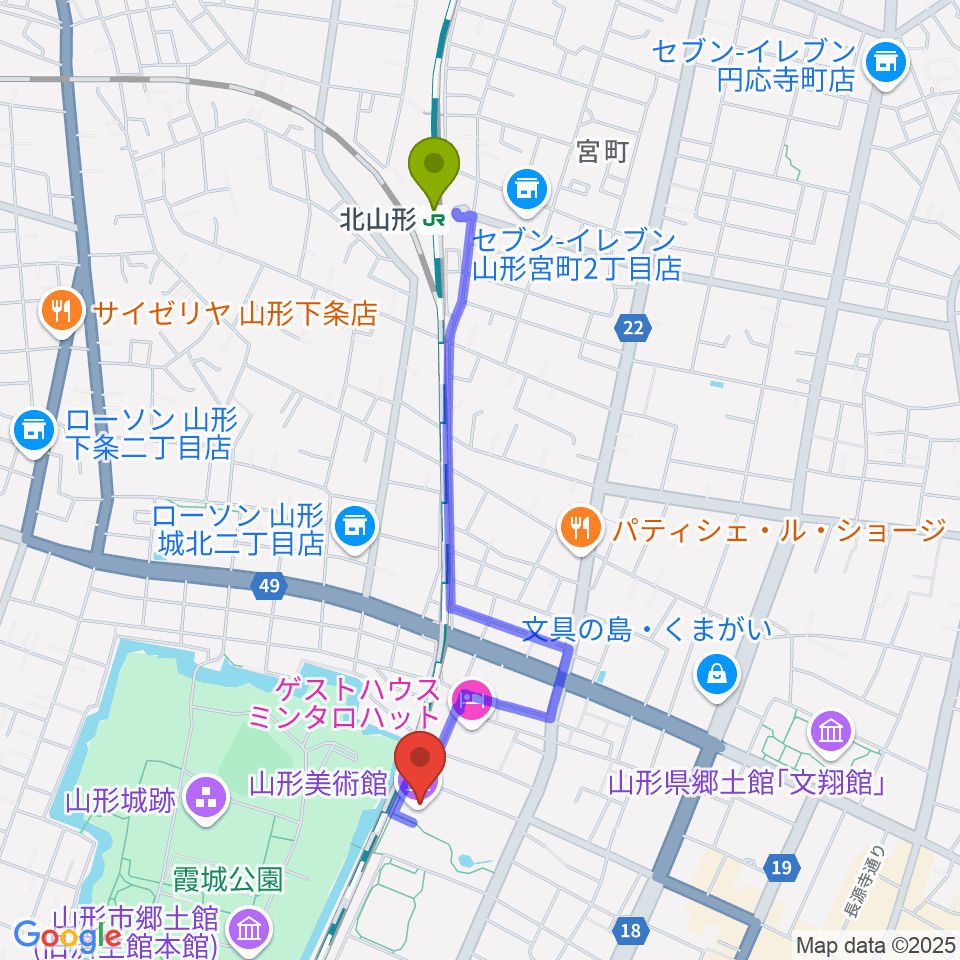 北山形駅から山形美術館へのルートマップ地図