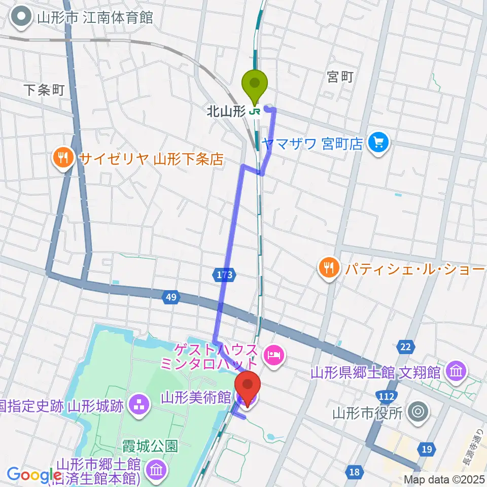 北山形駅から山形美術館へのルートマップ地図