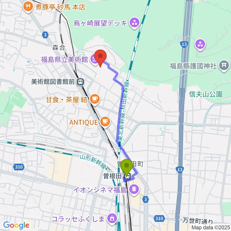 曽根田駅から福島県立美術館へのルートマップ地図