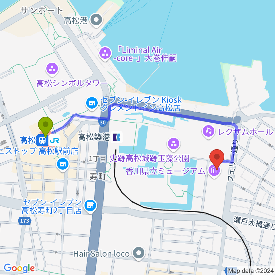 高松駅から香川県立ミュージアムへのルートマップ地図