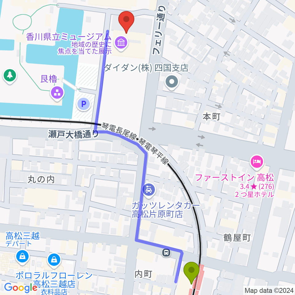 香川県立ミュージアムの最寄駅片原町駅からの徒歩ルート（約7分）地図