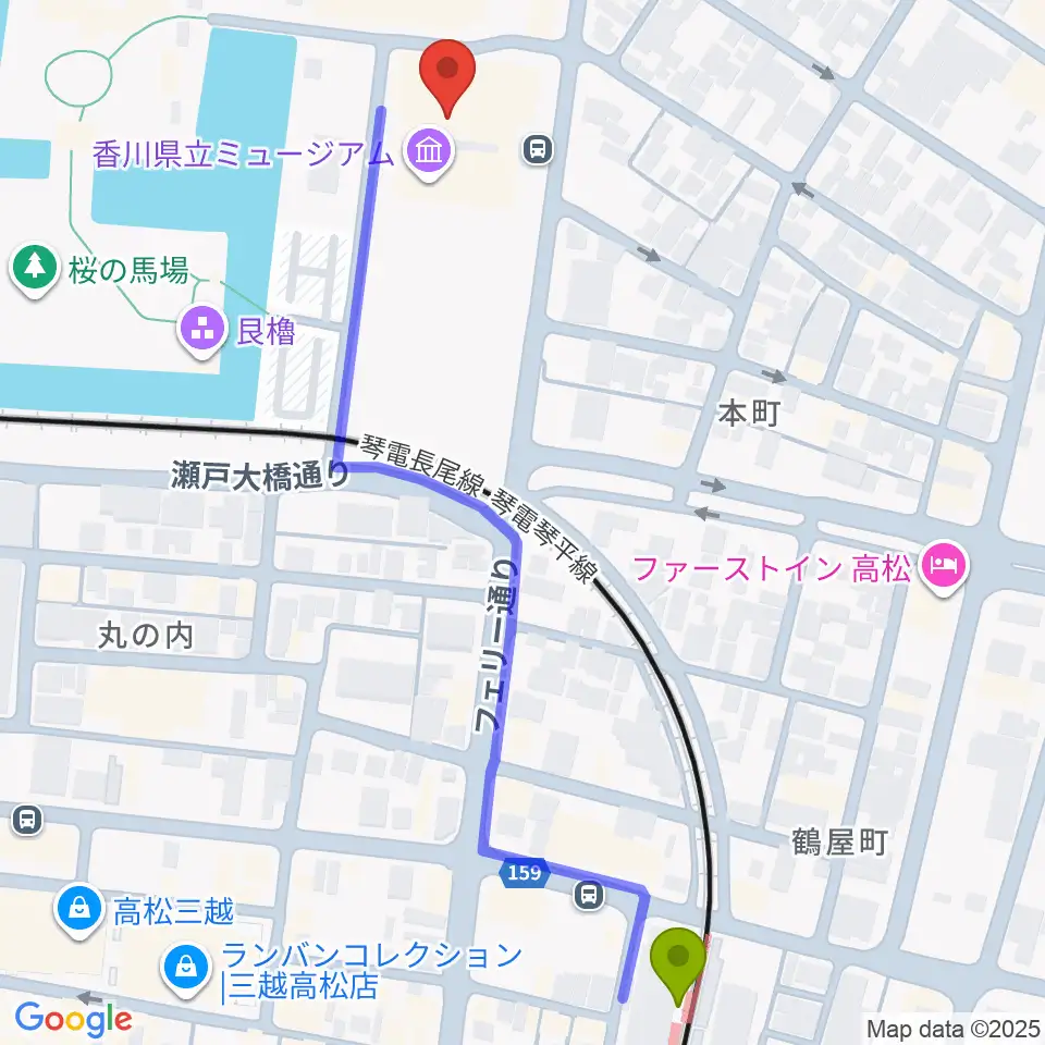 香川県立ミュージアムの最寄駅片原町駅からの徒歩ルート（約7分）地図