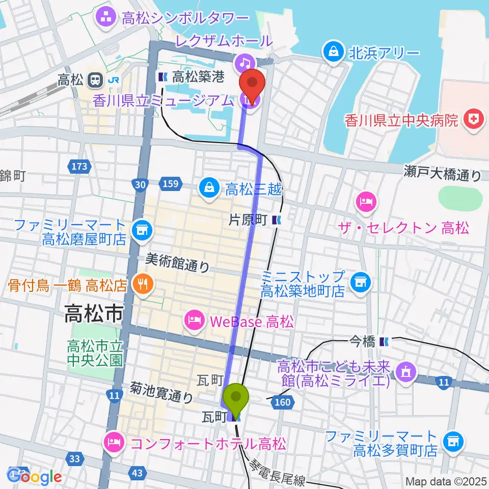 瓦町駅から香川県立ミュージアムへのルートマップ地図