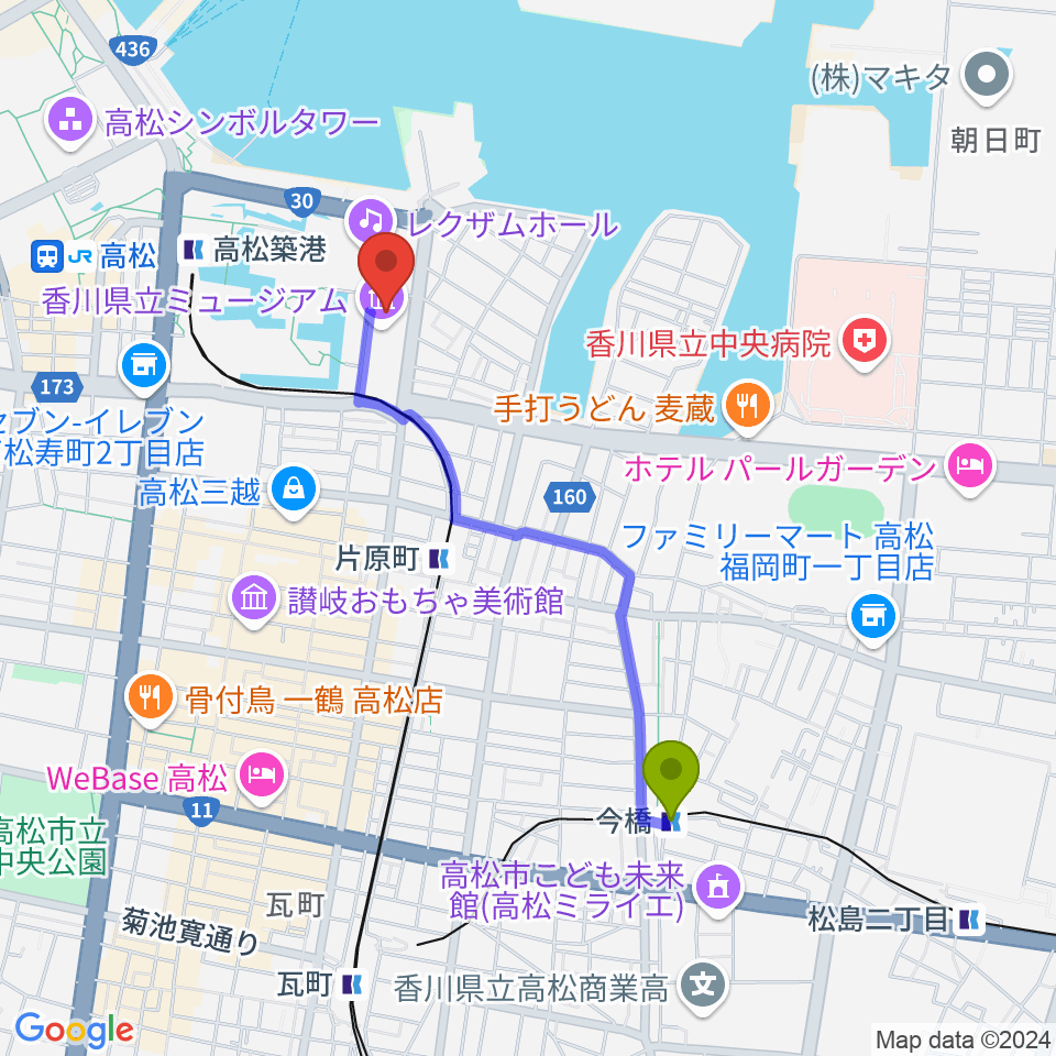 今橋駅から香川県立ミュージアムへのルートマップ地図