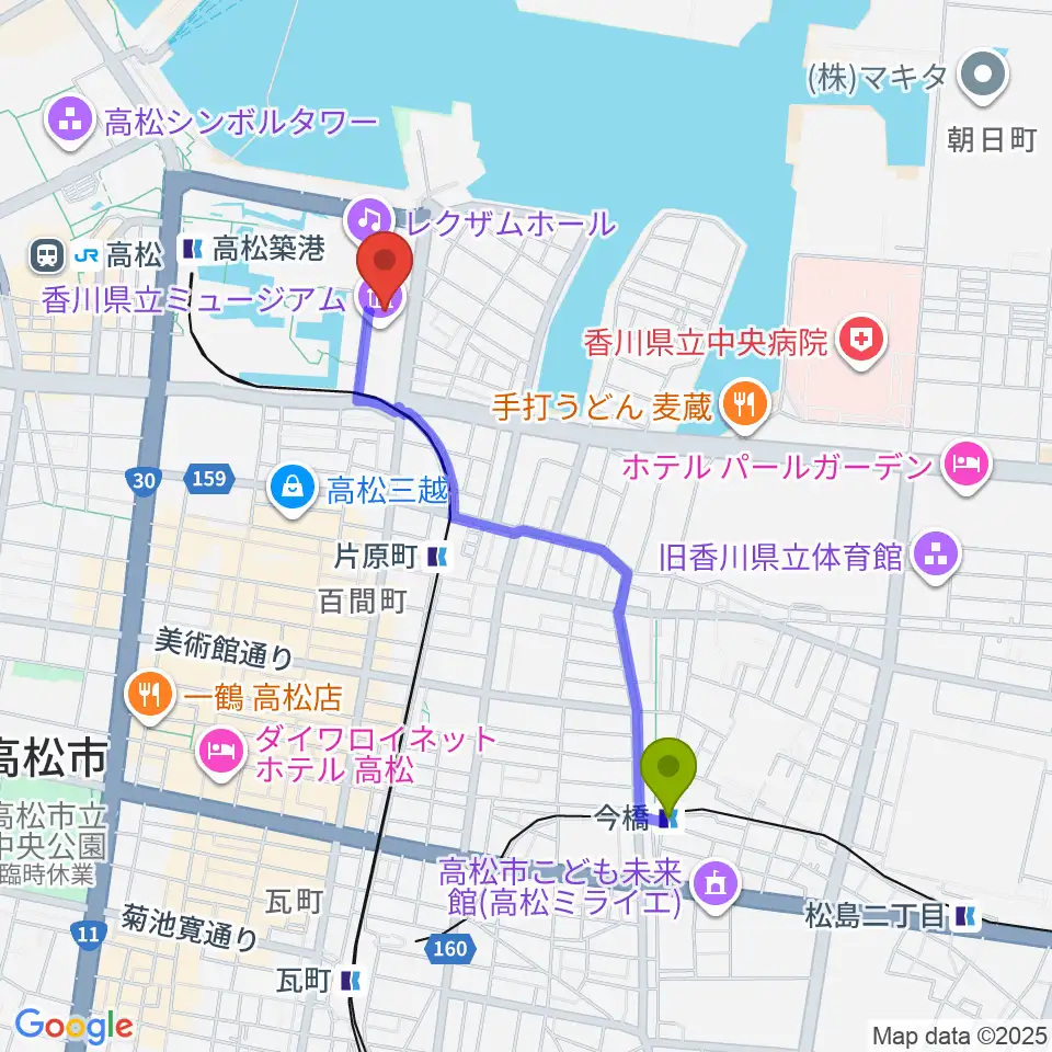 今橋駅から香川県立ミュージアムへのルートマップ地図