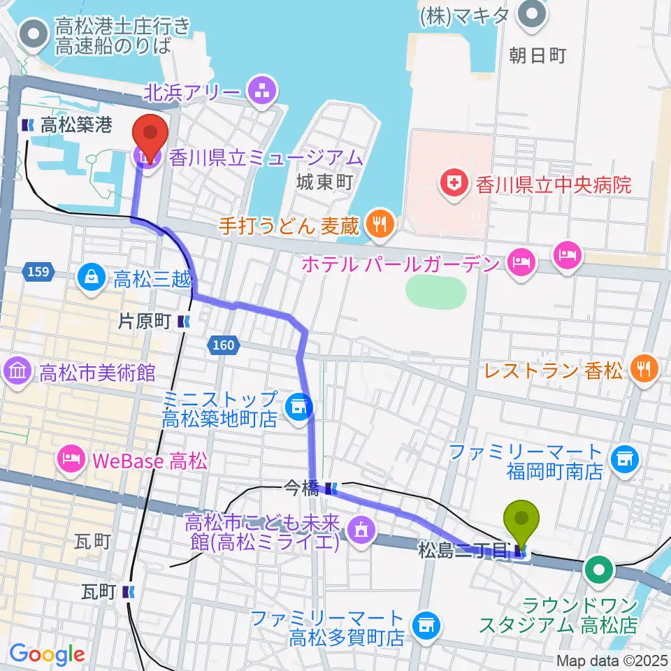 松島二丁目駅から香川県立ミュージアムへのルートマップ地図