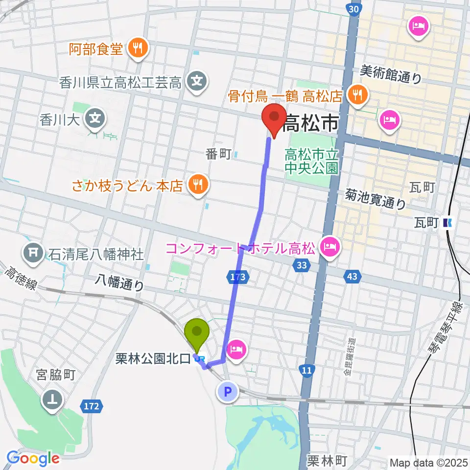 栗林公園北口駅から香川県文化会館へのルートマップ地図
