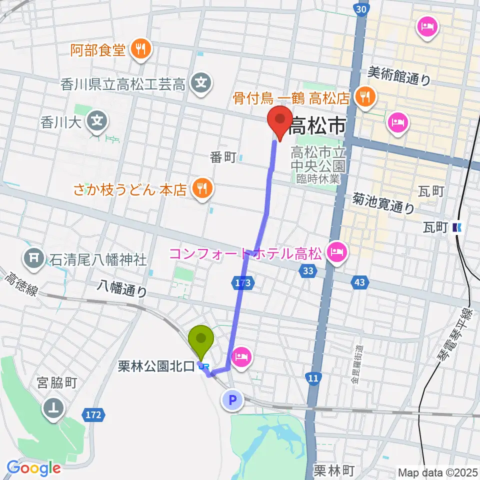 栗林公園北口駅から香川県文化会館へのルートマップ地図