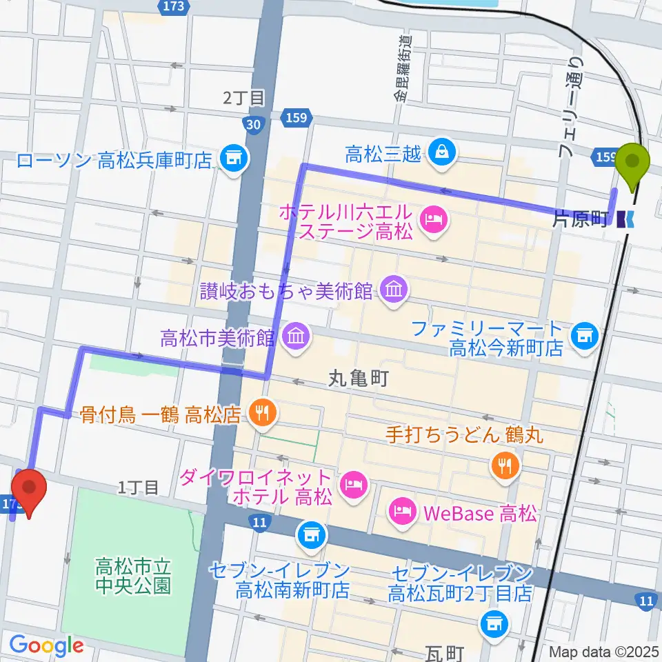 片原町駅から香川県文化会館へのルートマップ地図