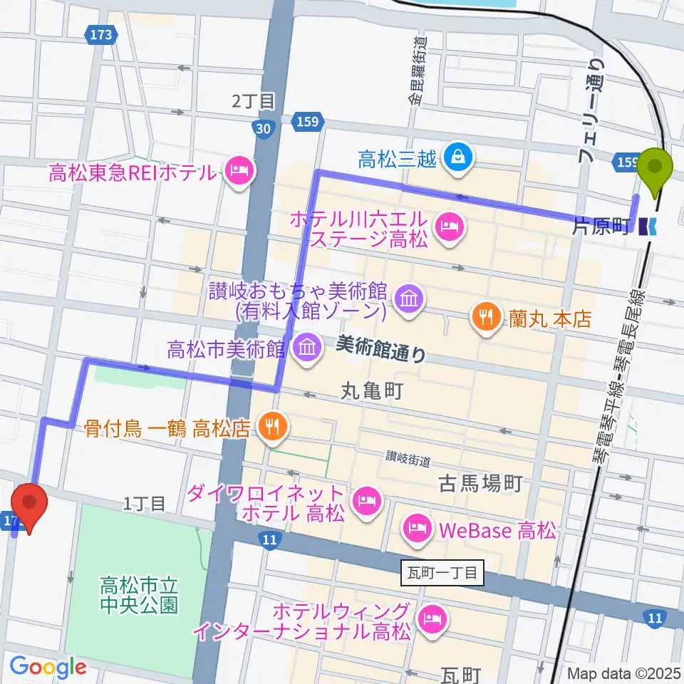 片原町駅から香川県文化会館へのルートマップ地図