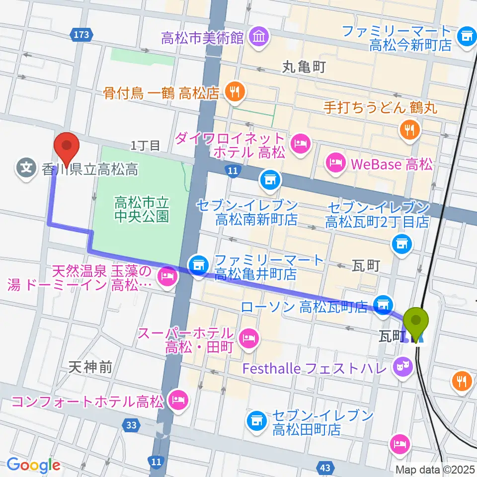 香川県文化会館の最寄駅瓦町駅からの徒歩ルート（約13分）地図