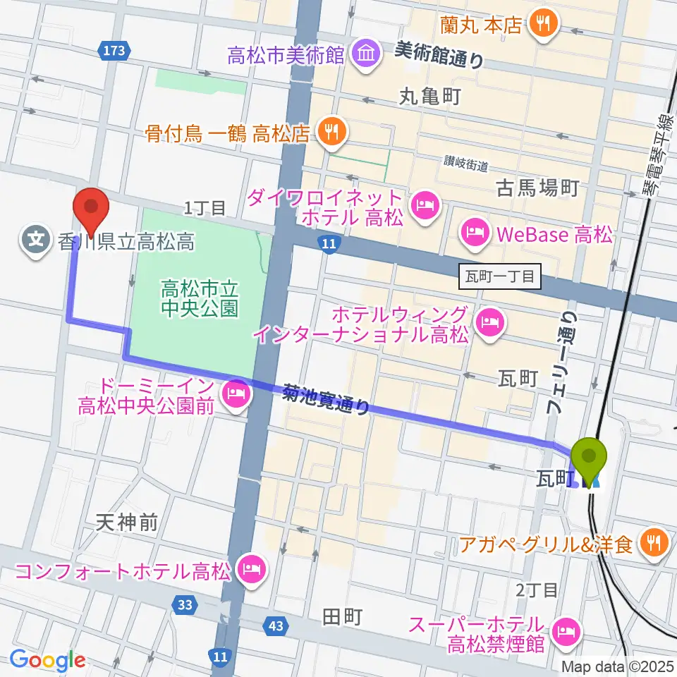 香川県文化会館の最寄駅瓦町駅からの徒歩ルート（約13分）地図