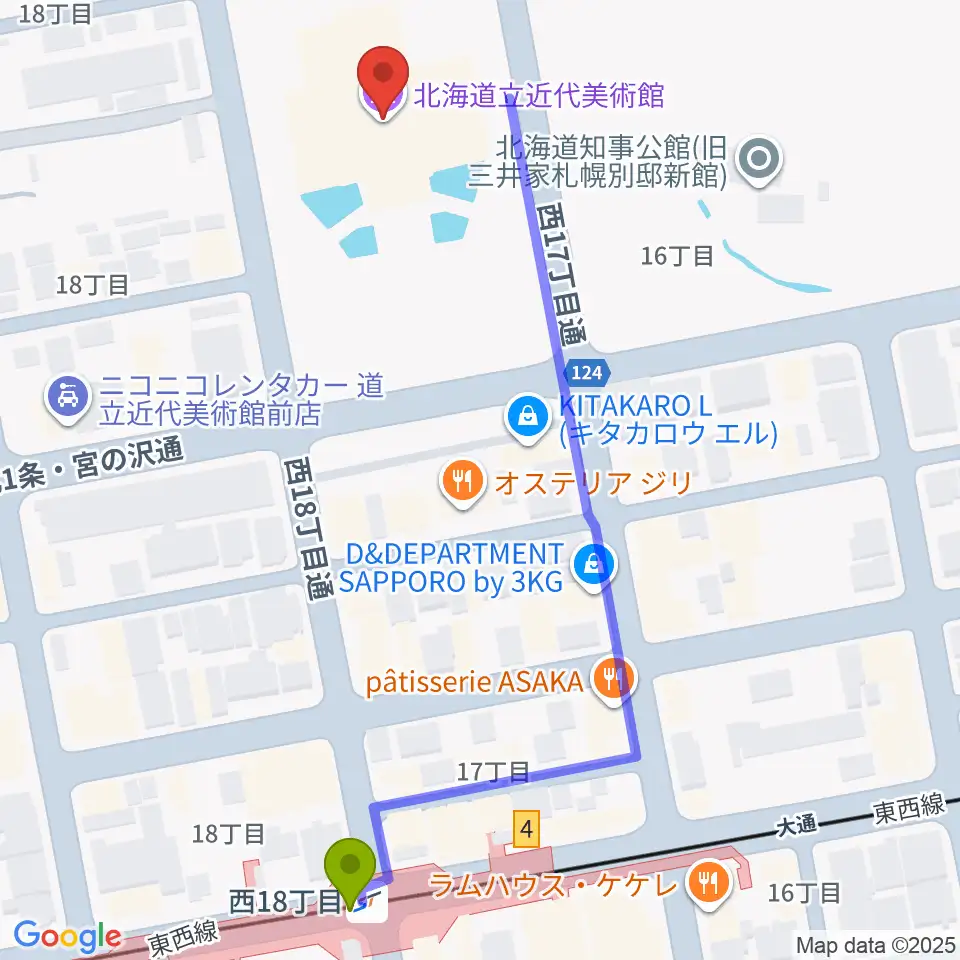 北海道立近代美術館の最寄駅西１８丁目駅からの徒歩ルート（約6分）地図