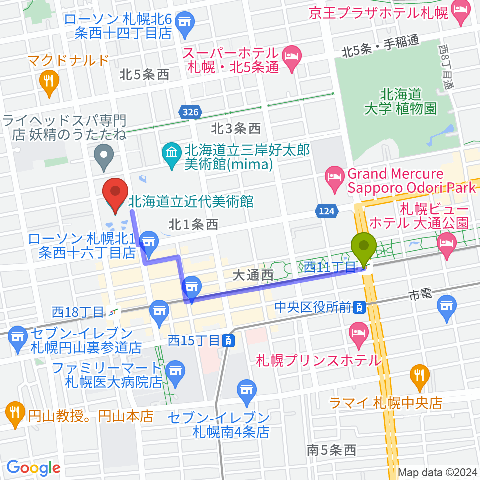 西１１丁目駅から北海道立近代美術館へのルートマップ地図
